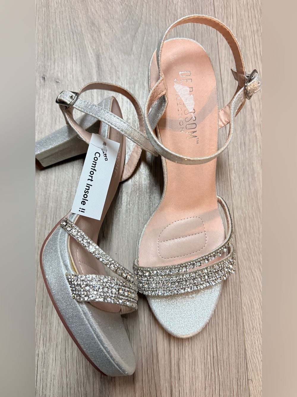 De Blossom Collection Silver Crystal Strap Block Heel Sandals